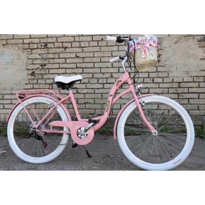 Dámsky retro bicykel 26" Lavida Mahbike 7-prevodový rám 18" Ružová, biele kolesá